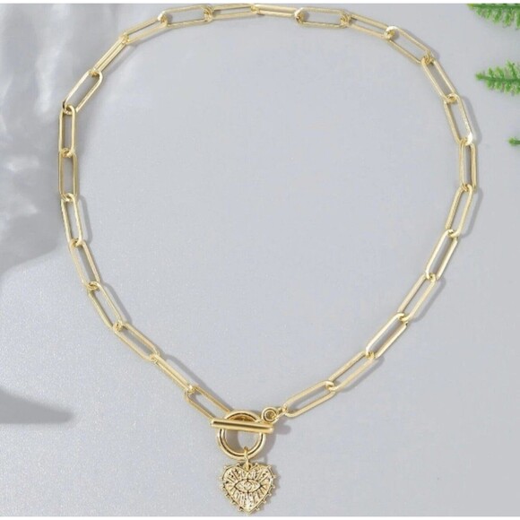 Eye Pop Supply Jewelry - Gold Paperclip Chain Heart Pendant Charm Toggle Necklace